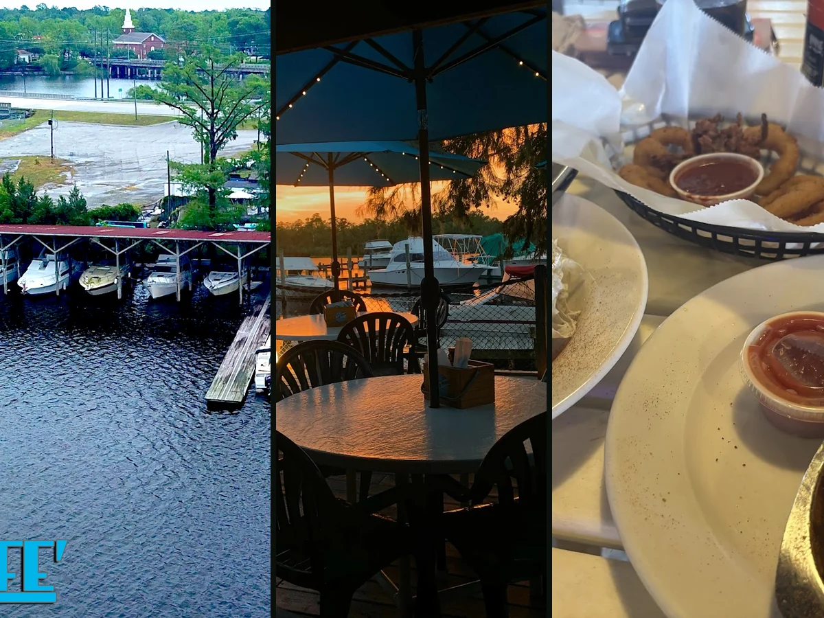 Dockside restaurant with outdoor seating and river views.